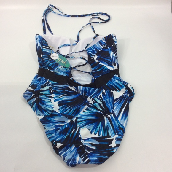 Mynah Large One Piece Swimsuit Asymmetrical Lace Up Back Tropic Goddess Blue JCP - Picture 2 of 4
